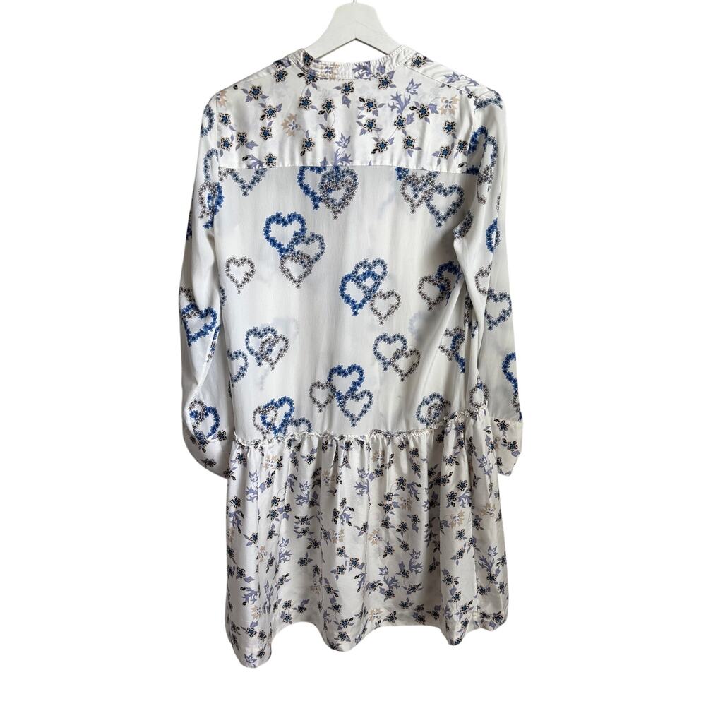 Sandro Paris Heart Print Long Sleeve Mini Shirt Dress White Blue Silk EU 38 M - Picture 7 of 11